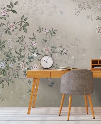 mural de papel de parede natural bege chamado Birds Singing in the Rose Garden em Wallsauce para quartos, salas de estar e banheiros