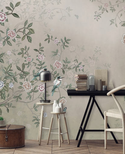beige nature wallpaper mural called Birds Singing in the Rose Garden at Wallsauce for bedrooms, living rooms and bathrooms