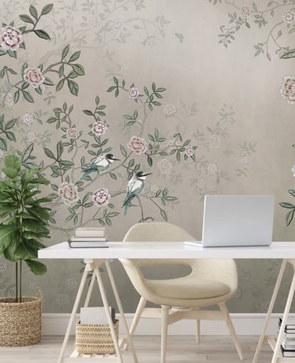 papier peint mural beige sur la nature intitulé Birds Singing in the Rose Garden at Wallsauce pour les chambres, les salons et les salles de bain
