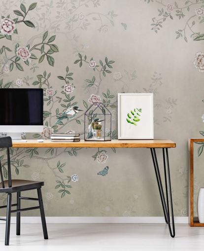 beige nature wallpaper mural called Birds Singing in the Rose Garden at Wallsauce for bedrooms, living rooms and bathrooms