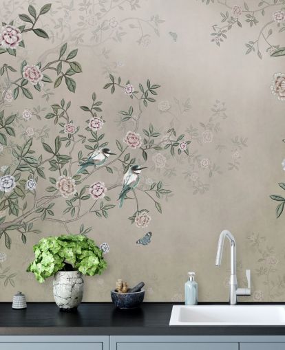 beige nature wallpaper mural called Birds Singing in the Rose Garden at Wallsauce for bedrooms, living rooms and bathrooms