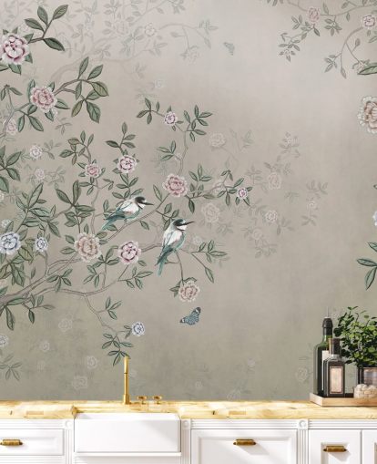beige nature wallpaper mural called Birds Singing in the Rose Garden at Wallsauce for bedrooms, living rooms and bathrooms