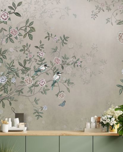 carta da parati murale beige con natura chiamata Birds Singing in the Rose Garden at Wallsauce per camere da letto, salotti e bagni