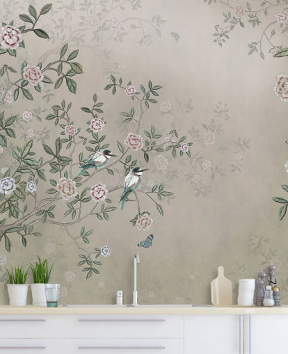 mural de papel de parede natural bege chamado Birds Singing in the Rose Garden em Wallsauce para quartos, salas de estar e banheiros