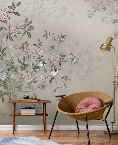 beige natuurbehangmuurschildering genaamd Birds Singing in the Rose Garden at Wallsauce voor slaapkamers, woonkamers en badkamers beige natuurbehangmuurschildering genaamd Birds Singing in the Rose Garden at Wallsauce voor slaapkamers, woonkamers en badkamers