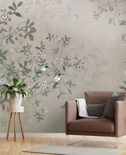 beigefarbenes Naturtapetenbild mit dem Titel Birds Singing in the Rose Garden at Wallsauce für Schlafzimmer, Wohnzimmer und Badezimmer
