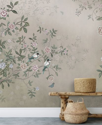 beigefarbenes Naturtapetenbild mit dem Titel Birds Singing in the Rose Garden at Wallsauce für Schlafzimmer, Wohnzimmer und Badezimmer beigefarbenes Naturtapetenbild mit dem Titel Birds Singing in the Rose Garden at Wallsauce für Schlafzimmer, Wohnzimmer und Badezimmer