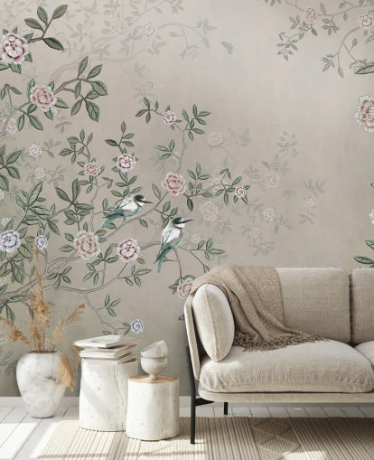 beige natuurbehangmuurschildering genaamd Birds Singing in the Rose Garden at Wallsauce voor slaapkamers, woonkamers en badkamers beige natuurbehangmuurschildering genaamd Birds Singing in the Rose Garden at Wallsauce voor slaapkamers, woonkamers en badkamers