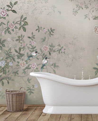 beige nature wallpaper mural called Birds Singing in the Rose Garden at Wallsauce for bedrooms, living rooms and bathrooms
