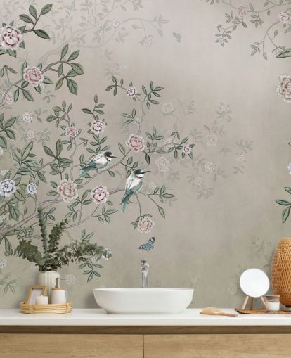 carta da parati murale beige con natura chiamata Birds Singing in the Rose Garden at Wallsauce per camere da letto, salotti e bagni