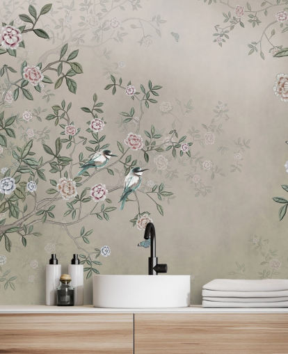 beige naturtapet veggmaleri kalt Birds Singing in the Rose Garden at Wallsauce for soverom, stuer og bad