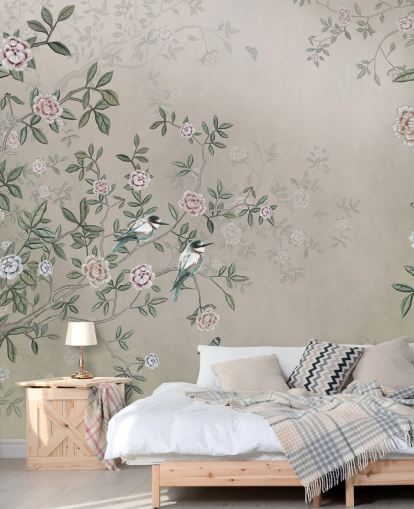 beige natuurbehangmuurschildering genaamd Birds Singing in the Rose Garden at Wallsauce voor slaapkamers, woonkamers en badkamers beige natuurbehangmuurschildering genaamd Birds Singing in the Rose Garden at Wallsauce voor slaapkamers, woonkamers en badkamers