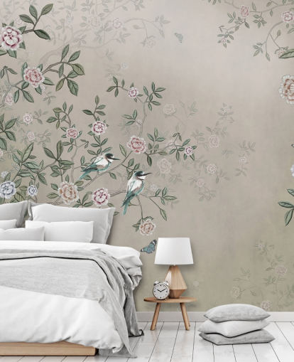 beigefarbenes Naturtapetenbild mit dem Titel Birds Singing in the Rose Garden at Wallsauce für Schlafzimmer, Wohnzimmer und Badezimmer beigefarbenes Naturtapetenbild mit dem Titel Birds Singing in the Rose Garden at Wallsauce für Schlafzimmer, Wohnzimmer und Badezimmer