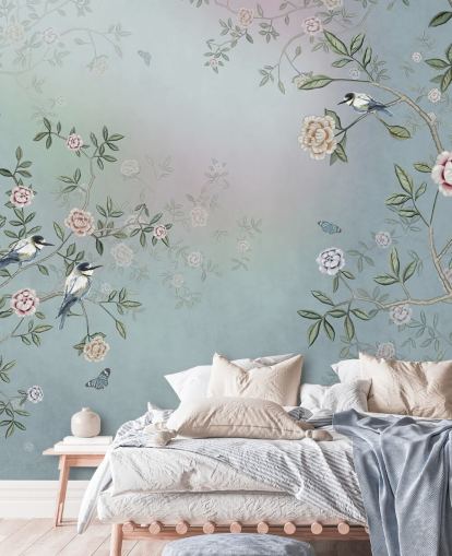 blue rose garden wallpaper mural called Birds Singing in the Rose Garden Blue at Wallsauce for bedrooms, living rooms and bathrooms