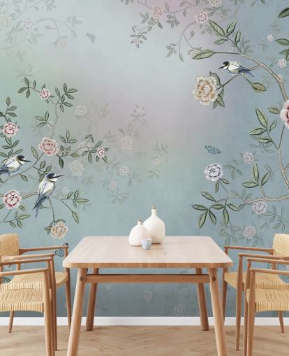 mural de papel de parede de jardim de rosas azuis chamado Birds Singing in the Rose Garden Blue at Wallsauce para quartos, salas de estar e banheiros