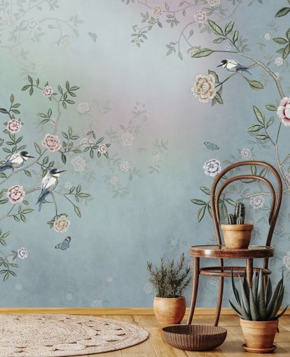 Blaues Rosengarten-Wandbild mit dem Titel Birds Singing in the Rose Garden Blue at Wallsauce für Schlafzimmer, Wohnzimmer und Badezimmer