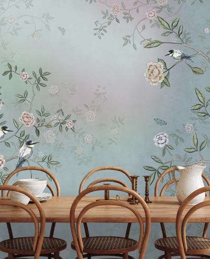 carta da parati murale con giardino di rose blu chiamata Birds Singing in the Rose Garden Blue at Wallsauce per camere da letto, salotti e bagni