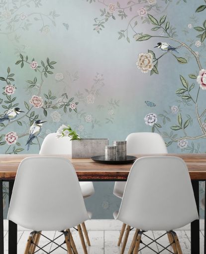 mural de papel pintado de jardín de rosas azul llamado Birds Singing in the Rose Garden Blue at Wallsauce para dormitorios, salas de estar y baños