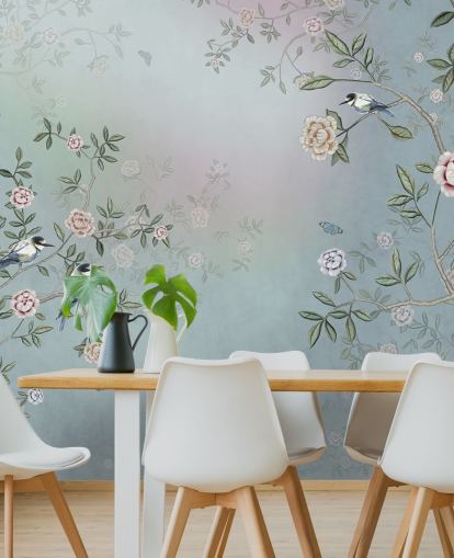 Blaues Rosengarten-Wandbild mit dem Titel Birds Singing in the Rose Garden Blue at Wallsauce für Schlafzimmer, Wohnzimmer und Badezimmer