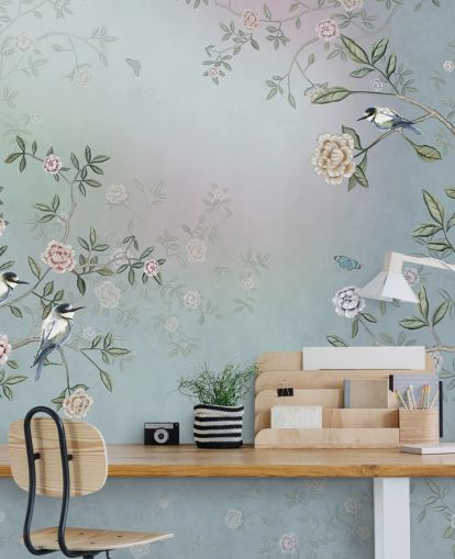 carta da parati murale con giardino di rose blu chiamata Birds Singing in the Rose Garden Blue at Wallsauce per camere da letto, salotti e bagni