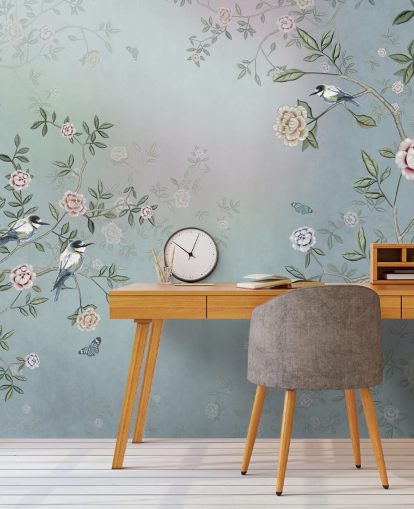 blauwe rozentuin behangmuurschildering genaamd Birds Singing in the Rose Garden Blue at Wallsauce voor slaapkamers, woonkamers en badkamers