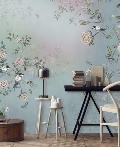 Blaues Rosengarten-Wandbild mit dem Titel Birds Singing in the Rose Garden Blue at Wallsauce für Schlafzimmer, Wohnzimmer und Badezimmer