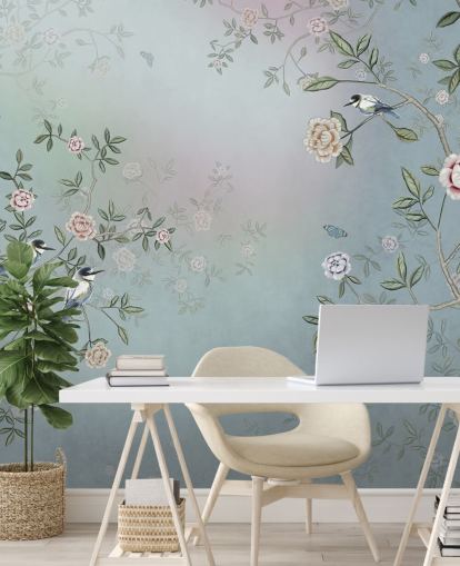 mural de papel pintado de jardín de rosas azul llamado Birds Singing in the Rose Garden Blue at Wallsauce para dormitorios, salas de estar y baños