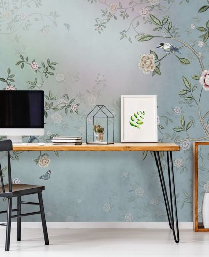 blauwe rozentuin behangmuurschildering genaamd Birds Singing in the Rose Garden Blue at Wallsauce voor slaapkamers, woonkamers en badkamers blauwe rozentuin behangmuurschildering genaamd Birds Singing in the Rose Garden Blue at Wallsauce voor slaapkamers, woonkamers en badkamers