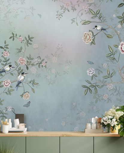 mural de papel de parede de jardim de rosas azuis chamado Birds Singing in the Rose Garden Blue at Wallsauce para quartos, salas de estar e banheiros