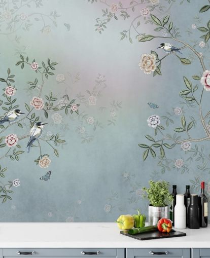 Blaues Rosengarten-Wandbild mit dem Titel Birds Singing in the Rose Garden Blue at Wallsauce für Schlafzimmer, Wohnzimmer und Badezimmer