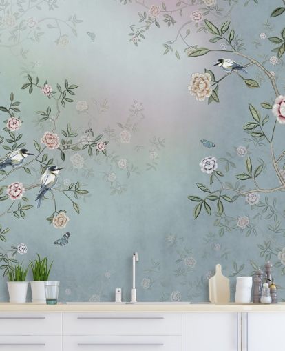 blue rose garden wallpaper mural called Birds Singing in the Rose Garden Blue at Wallsauce for bedrooms, living rooms and bathrooms
