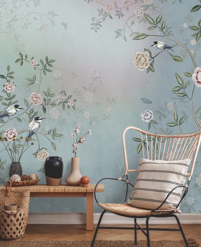 blue rose garden wallpaper mural called Birds Singing in the Rose Garden Blue at Wallsauce for bedrooms, living rooms and bathrooms