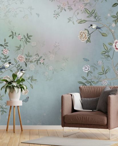 blauwe rozentuin behangmuurschildering genaamd Birds Singing in the Rose Garden Blue at Wallsauce voor slaapkamers, woonkamers en badkamers blauwe rozentuin behangmuurschildering genaamd Birds Singing in the Rose Garden Blue at Wallsauce voor slaapkamers, woonkamers en badkamers