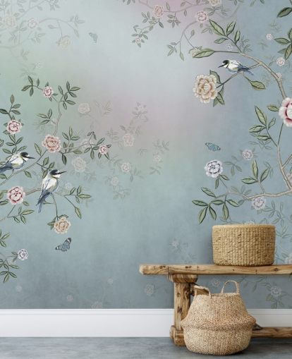 mural de papel de parede de jardim de rosas azuis chamado Birds Singing in the Rose Garden Blue at Wallsauce para quartos, salas de estar e banheiros