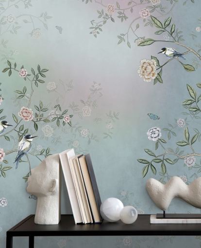 mural de papel pintado de jardín de rosas azul llamado Birds Singing in the Rose Garden Blue at Wallsauce para dormitorios, salas de estar y baños