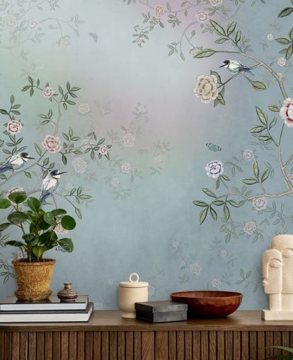 blue rose garden wallpaper mural called Birds Singing in the Rose Garden Blue at Wallsauce for bedrooms, living rooms and bathrooms