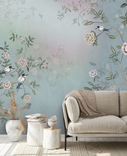 mural de papel pintado de jardín de rosas azul llamado Birds Singing in the Rose Garden Blue at Wallsauce para dormitorios, salas de estar y baños