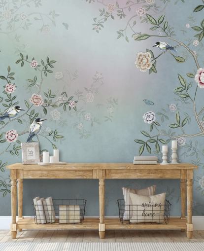 carta da parati murale con giardino di rose blu chiamata Birds Singing in the Rose Garden Blue at Wallsauce per camere da letto, salotti e bagni