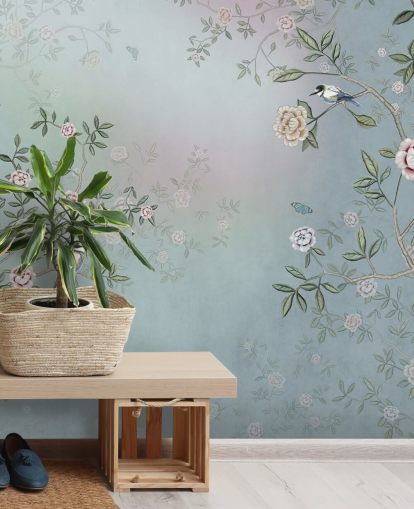 Blaues Rosengarten-Wandbild mit dem Titel Birds Singing in the Rose Garden Blue at Wallsauce für Schlafzimmer, Wohnzimmer und Badezimmer