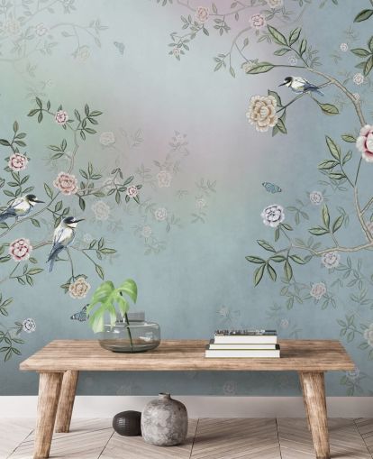blue rose garden wallpaper mural called Birds Singing in the Rose Garden Blue at Wallsauce for bedrooms, living rooms and bathrooms