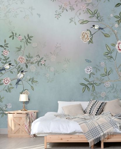 mural de papel de parede de jardim de rosas azuis chamado Birds Singing in the Rose Garden Blue at Wallsauce para quartos, salas de estar e banheiros