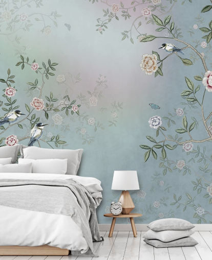 Blaues Rosengarten-Wandbild mit dem Titel Birds Singing in the Rose Garden Blue at Wallsauce für Schlafzimmer, Wohnzimmer und Badezimmer Blaues Rosengarten-Wandbild mit dem Titel Birds Singing in the Rose Garden Blue at Wallsauce für Schlafzimmer, Wohnzimmer und Badezimmer