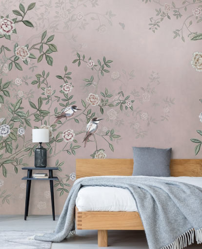 carta da parati murale rosa con giardino di rose chiamato Birds Singing in the Rose Garden Pink at Wallsauce per camere da letto, salotti e bagni