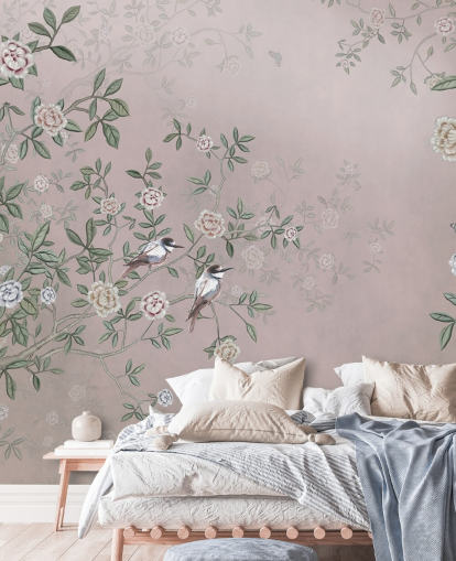 rosafarbenes Rosengarten-Wandbild mit dem Titel Birds Singing in the Rose Garden Pink at Wallsauce für Schlafzimmer, Wohnzimmer und Badezimmer