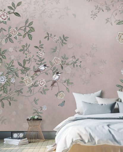 carta da parati murale rosa con giardino di rose chiamato Birds Singing in the Rose Garden Pink at Wallsauce per camere da letto, salotti e bagni
