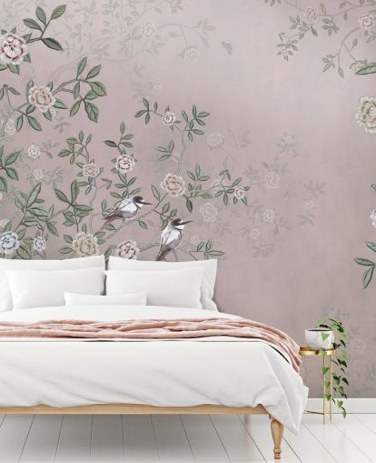 mural de papel de parede de jardim de rosas rosa chamado Birds Singing in the Rose Garden Pink at Wallsauce para quartos, salas de estar e banheiros mural de papel de parede de jardim de rosas rosa chamado Birds Singing in the Rose Garden Pink at Wallsauce para quartos, salas de estar e banheiros