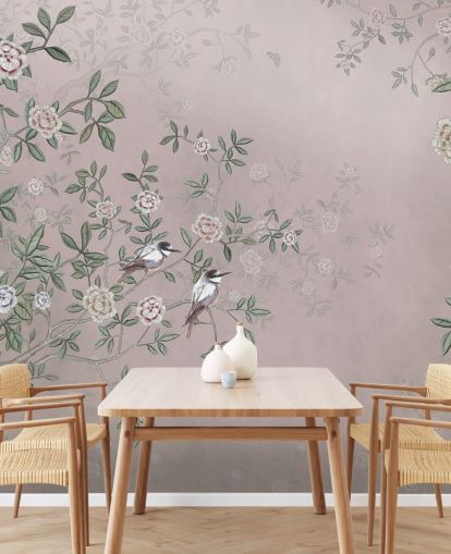 pink rose garden wallpaper mural called Birds Singing in the Rose Garden Pink at Wallsauce for bedrooms, living rooms and bathrooms