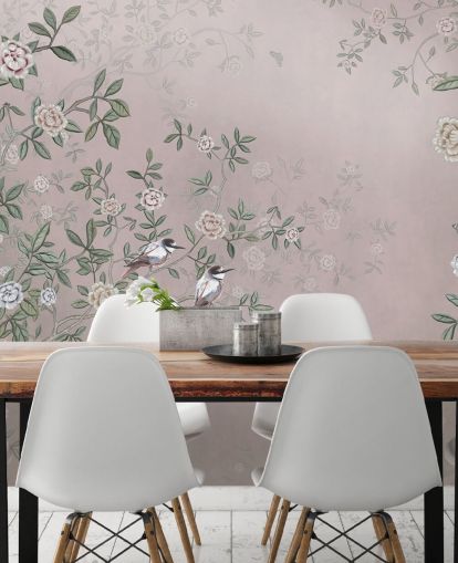 papier peint mural de roseraie rose appelé Birds Singing in the Rose Garden Pink at Wallsauce pour les chambres, les salons et les salles de bain