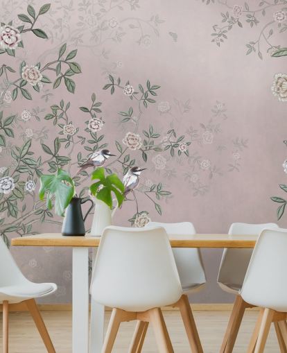 pink rose garden wallpaper mural called Birds Singing in the Rose Garden Pink at Wallsauce for bedrooms, living rooms and bathrooms