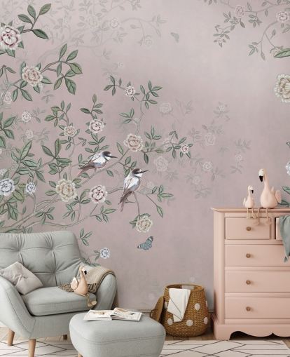 rosafarbenes Rosengarten-Wandbild mit dem Titel Birds Singing in the Rose Garden Pink at Wallsauce für Schlafzimmer, Wohnzimmer und Badezimmer